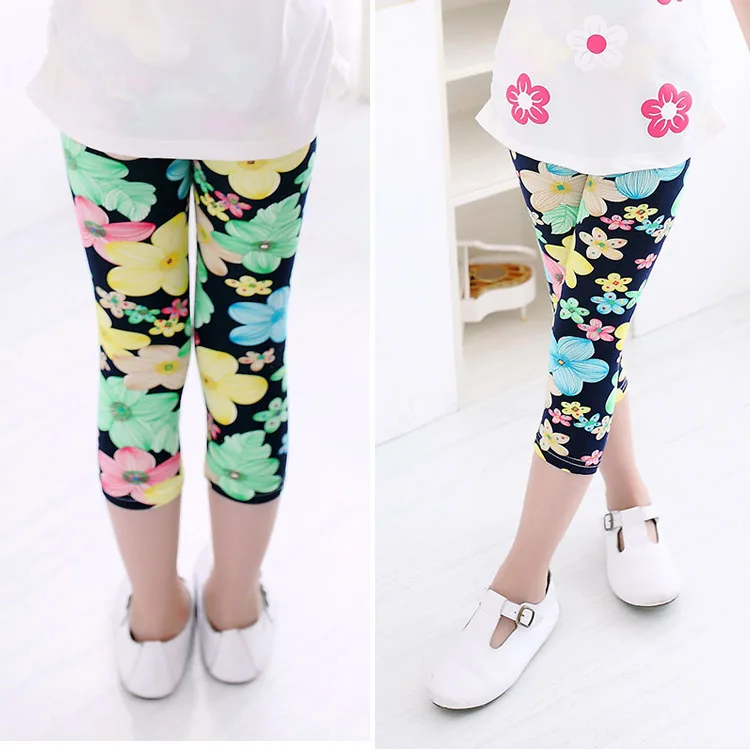 3-10years Girls Cropped Trousers Floral Print Flower Kids Calf Length Skinny Pants Stretch Leggings Children All-matches Bottoms