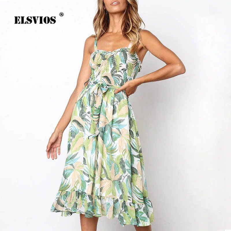 

ELSVIOS Sexy Strapless Ruffle Beach Summer Dress Women Floral Print Sleeveless A-Line Party Dress Elegant Sashes Female Dresses