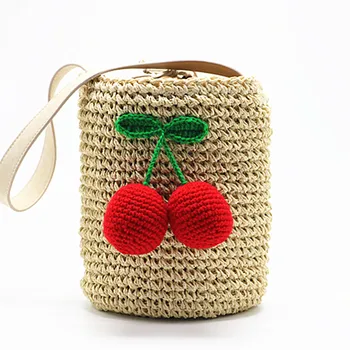 

Cherry Pompon Summer Style Cylinders Handbags Bohemian Boho Indian Hair Straw Bag Thai Woven Beach Bag