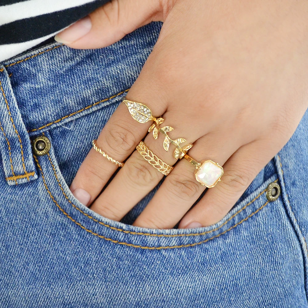 5 Pcs/Set Boho Wedding Rings Gold-Color With Square Leaf Shape Jewelry Hollow Rhinestone Bijoux For Women Accessories | Украшения и