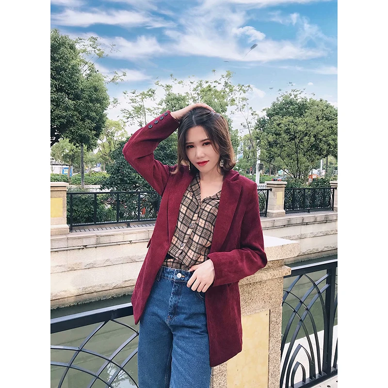 Women Autumn Red Blue Blazers Office Lady Vintage Corduroy Jacket Fashion Single Button Blazer Mujer Coat Clothes | Женская одежда