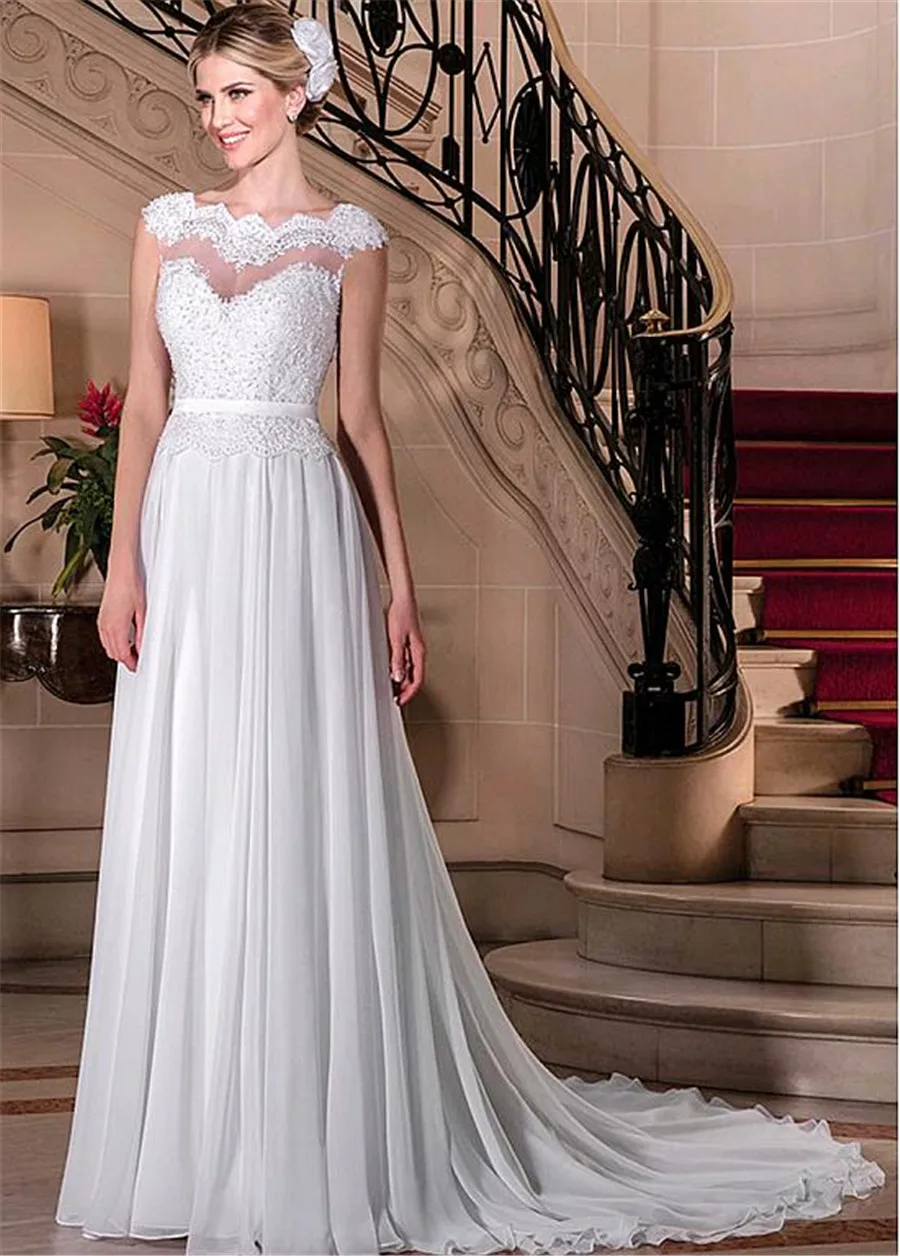 Graceful Chiffon Bateau Neckline A-line Wedding Dresses With Beaded Lace Appliques & Belt Bridal Dress vestido festa
Graceful Chiffon Bateau Neckline A-line Wedding Dresses With Beaded Lace Appliques & Belt Bridal Dress vestido festa