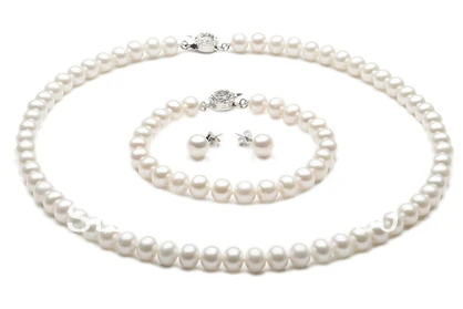 

Jewelry 00659 natural AAA+ white pearl necklace&bracelet&earrings sets 925 clasp