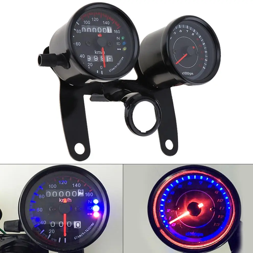 12V Retro Universal Motorcycle Dual Speedometer Odometer Gauge Scooter LED Indicator Gauge Motobike 1.3 Tachometer with Bracket
12V Retro Universal Motorcycle Dual Speedometer Odometer Gauge Scooter LED Indicator Gauge Motobike 1.3 Tachometer with Bracket