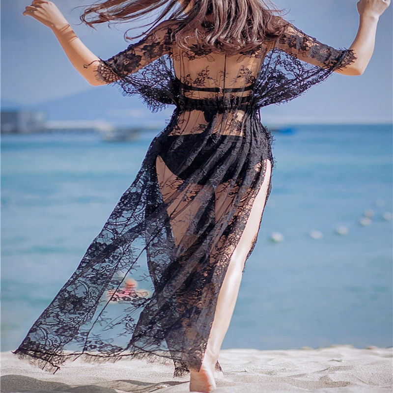 Summer Sexy Hollow Out Black Bikini Cover Up Women Lace Floral Long Maxi Beach Dress High Waist Bathing Suits Cover Up Tops1