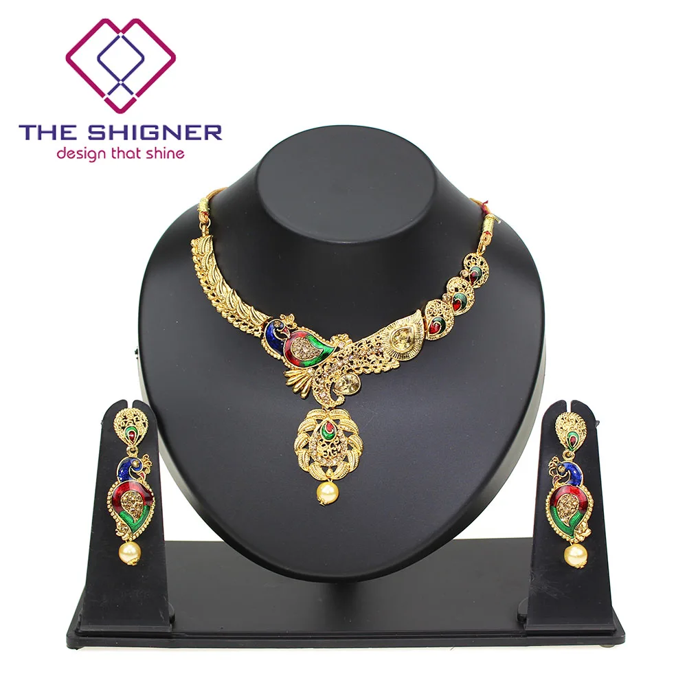 

THE SHIGNER India Dubai Jewelry Sets Gold Color Peacock Flower Necklace & Earrings Middle East Jewelry Egypt Turkey Iraq Africa