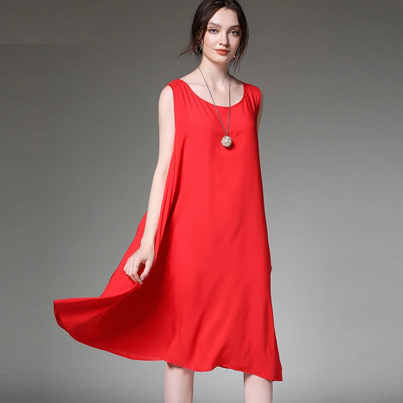 

Summer New Women's Casual Loose Fashion Sleeveless Dresses High Waist Sundress Elegant Dress Show Thin Round Neck Mid Dress