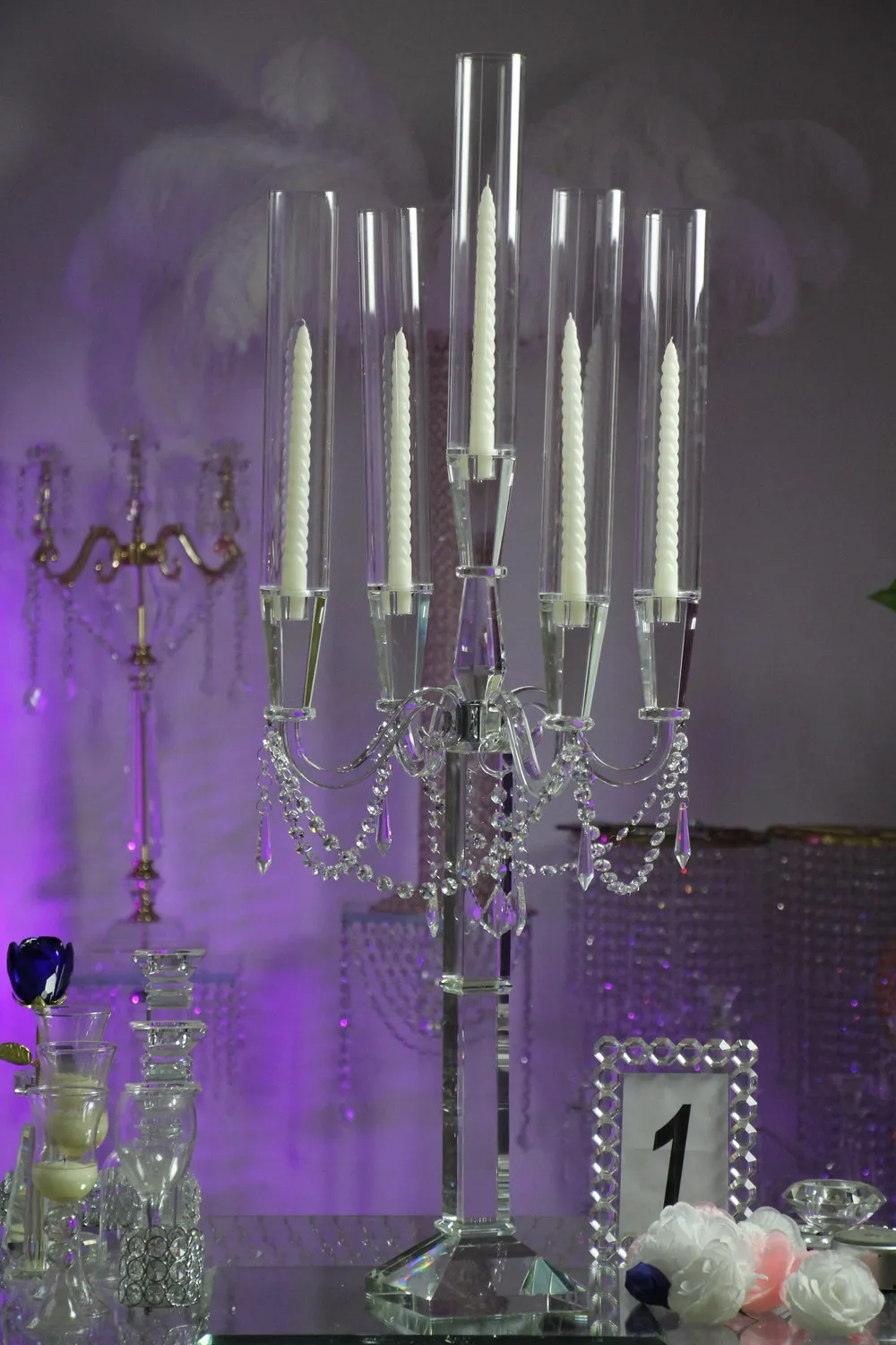 

New Arrival 5 arms Crystal Candelabra Hurricane Cup Wedding Decoration Table Centerpiece 42.91inch Tall