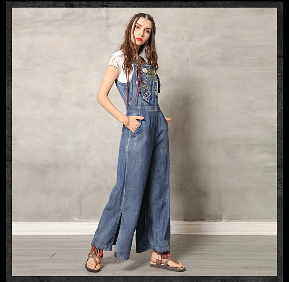 Vintage Jumpsuit Women 2019 Boho New Women Spaghetti Strap Bodysuit Denim Summer Embroidery Wide Leg Jumpsuits K306DZ Bodysuits (11)