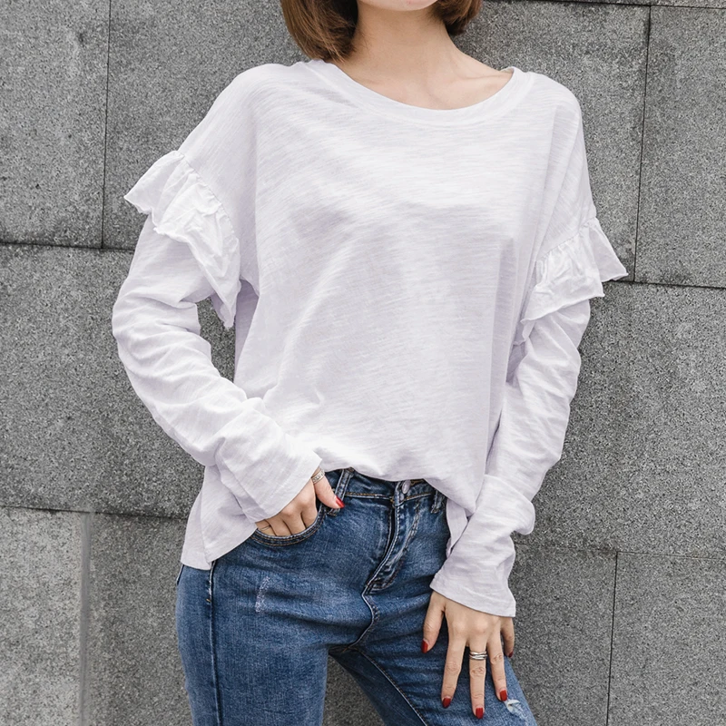 2019 summer new bamboo cotton women t-shirts ruffles solid white long-sleeved loose office lady elegant fashion outwear tops
2019 summer new bamboo cotton women t-shirts ruffles solid white long-sleeved loose office lady elegant fashion outwear tops