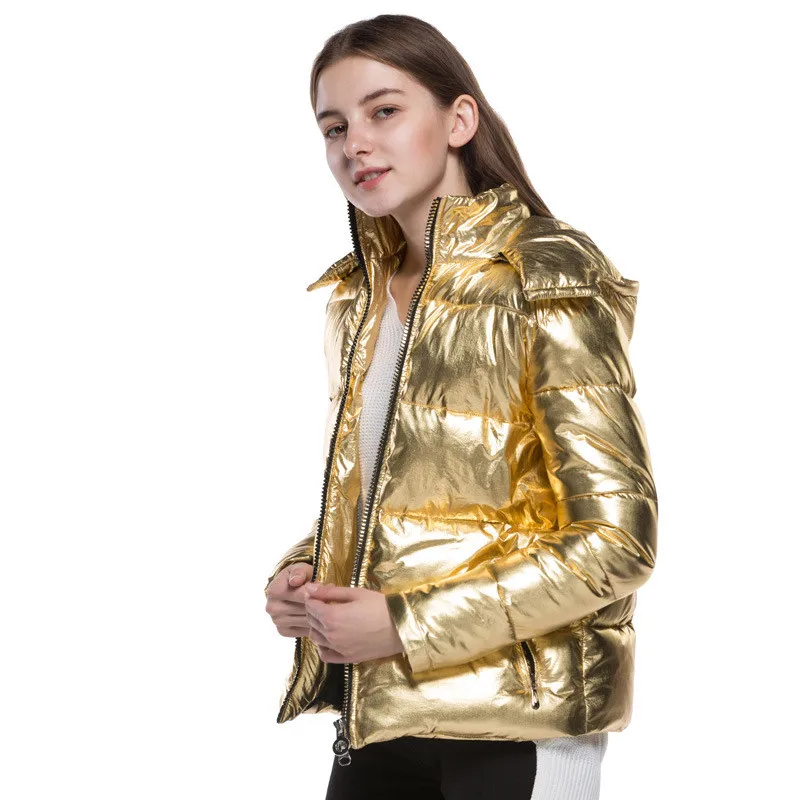 Women Winter Jacket Padded Short Coats Gold Bright Overcoat For Female European Style Hooded Outwear Thick Jackets AS058 (9)