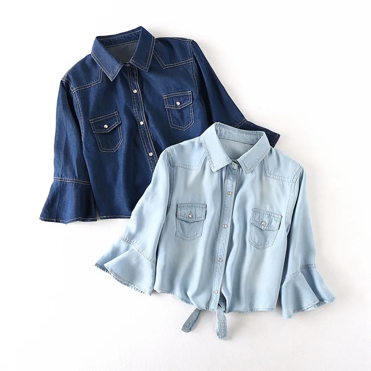2019 Summer Horn Shortsleeve Tencel Jeans Shirts For Women Turn Down Collar Lady Fashion Short High waist Denim Blouse
2019 Summer Horn Shortsleeve Tencel Jeans Shirts For Women Turn Down Collar Lady Fashion Short High waist Denim Blouse