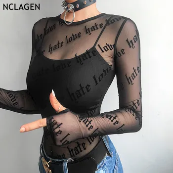 NCLAGEN 2019 Sexy Letter Print Transparent Mesh T Shirts Women Thumb Hole Long Sleeve Outwear Slim O Neck Bottoming Clothing
NCLAGEN 2019 Sexy Letter Print Transparent Mesh T Shirts Women Thumb Hole Long Sleeve Outwear Slim O Neck Bottoming Clothing