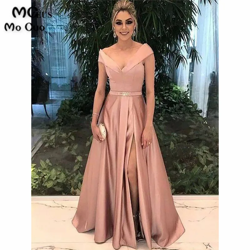 A-Line Off-the-Shoulder Sleeveless Floor-Length With Sash Ribbon Belt Satin Dresses
