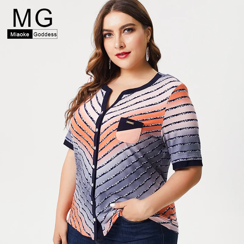 2019 summer new plus size V-neck color striped short-sleeved casual fashion women's shirt stretch Slim shirt Mom Clothing
2019 summer new plus size V-neck color striped short-sleeved casual fashion women's shirt stretch Slim shirt Mom Clothing