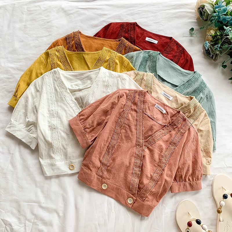 2019 new fashion women's blouse shirt Summer V-neck short-sleeved lace Solid color simple temperament short chiffon shirt
2019 new fashion women's blouse shirt Summer V-neck short-sleeved lace Solid color simple temperament short chiffon shirt
