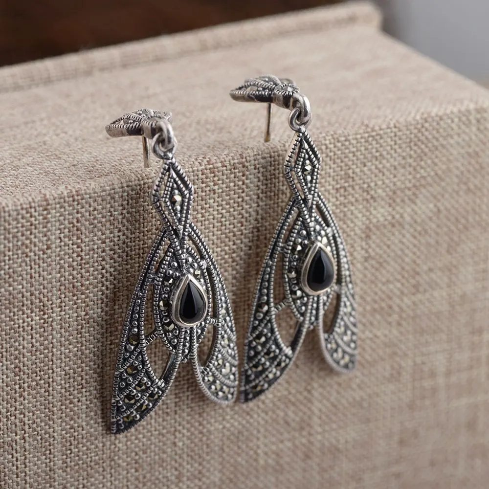 925 Silver Earrings for Women Jewelry Natural Green Black Stone 100% S925 Sterling Silver boucle d'oreille Feather Drop Earring
925 Silver Earrings for Women Jewelry Natural Green Black Stone 100% S925 Sterling Silver boucle d'oreille Feather Drop Earring
