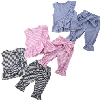 Summer Trendy Toddler Girl Clothes Set Striped Print Sleeveless Ruffle Shirt Top Long Bow Knot Belt Pants 2Pcs Hot Sale Outfit
Summer Trendy Toddler Girl Clothes Set Striped Print Sleeveless Ruffle Shirt Top Long Bow Knot Belt Pants 2Pcs Hot Sale Outfit