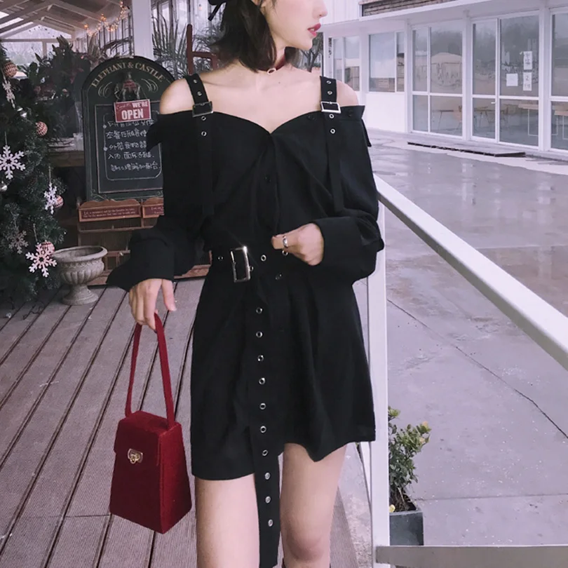 Vintage Hard Black Spaghetti Strap Dress Female Harajuku Gothic New Arrival Off Shoulder Sexy Shirt Dress Punk Style Dresses
Vintage Hard Black Spaghetti Strap Dress Female Harajuku Gothic New Arrival Off Shoulder Sexy Shirt Dress Punk Style Dresses