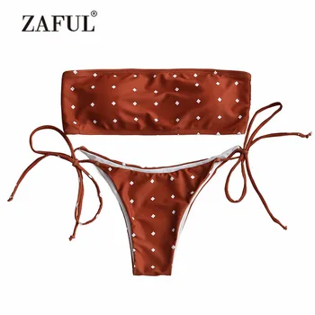 

ZAFUL Bikini Women's Swimsuits Self-tie Dotted Bandeau Bikini Set Sexy Strapless Front Knot Swimwear Low Waisted Padded Biquni
