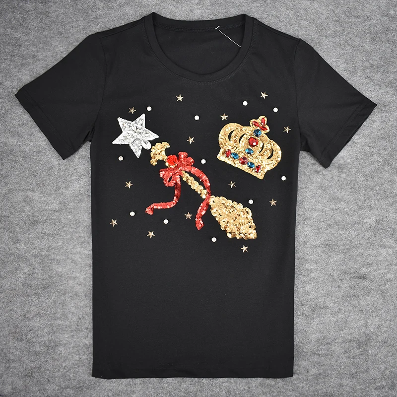 Fashion Women's T-shirt 2017 New Short-sleeved Summer Shirt Lens Crown Beaded Design Women's T-shirt High-Quality T-shirt
Fashion Women's T-shirt 2017 New Short-sleeved Summer Shirt Lens Crown Beaded Design Women's T-shirt High-Quality T-shirt