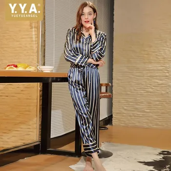 Spring Autumn Women Striped Two Piece Pajamas Set Long Sleeve Lapel Top Shirt Elastic Waist Long Pants Satin Homewear Plus Size
Spring Autumn Women Striped Two Piece Pajamas Set Long Sleeve Lapel Top Shirt Elastic Waist Long Pants Satin Homewear Plus Size