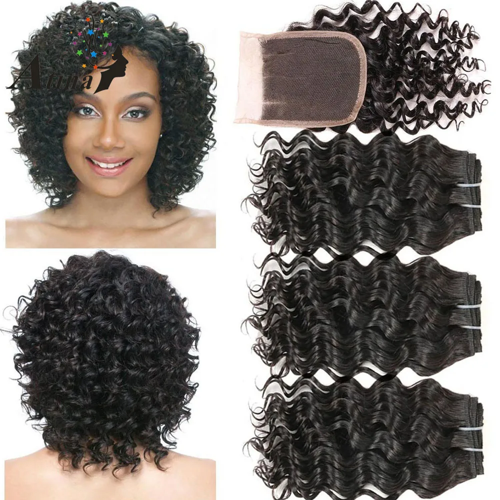 Curly Brazilian Hair Weave Bundles With Closure Remy Human Hair Deep Wave Bundles With Closure Unprocessed Virgin Hair Atina