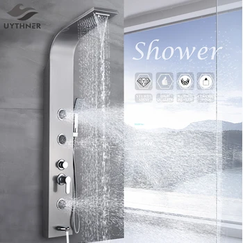 

Uythner Black Nickel Rainfall Waterfall Shower Panel Massage Jets Shower Column Mixer Shower Faucet Tower Shower Set Tub Spout