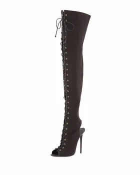 

Women's Peep Toe Lace up Slingback Black Canvas Thigh High Boots Ladies High Heel Over the Knee High Boots Large Size Wholesale
