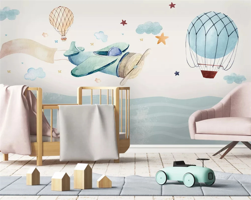 

beibehang Custom Nordic Modern Hand Drawn Airplane Hot Air Balloon Children Background 3d Wallpaper papel de parede papier peint