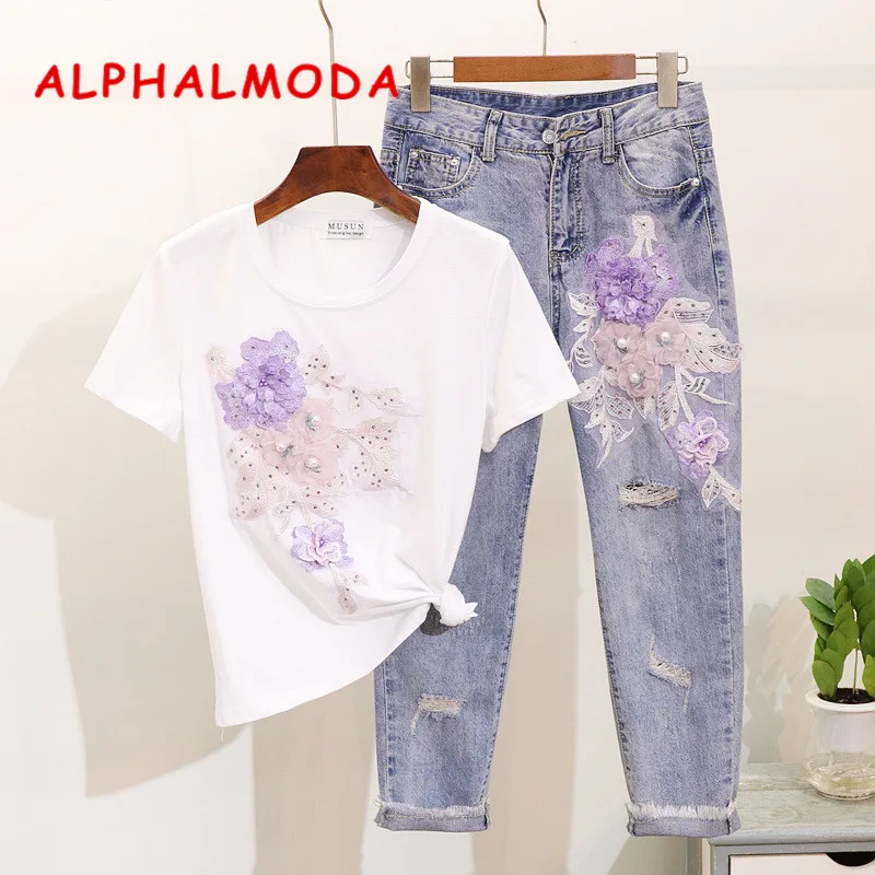 ALPHALMODA 2019 Summer Beaded Flower Conjuntos De Mujer Embroidered Appliqes Tshirts Broken Holes Pencil Denim Pants Clothing
ALPHALMODA 2019 Summer Beaded Flower Conjuntos De Mujer Embroidered Appliqes Tshirts Broken Holes Pencil Denim Pants Clothing