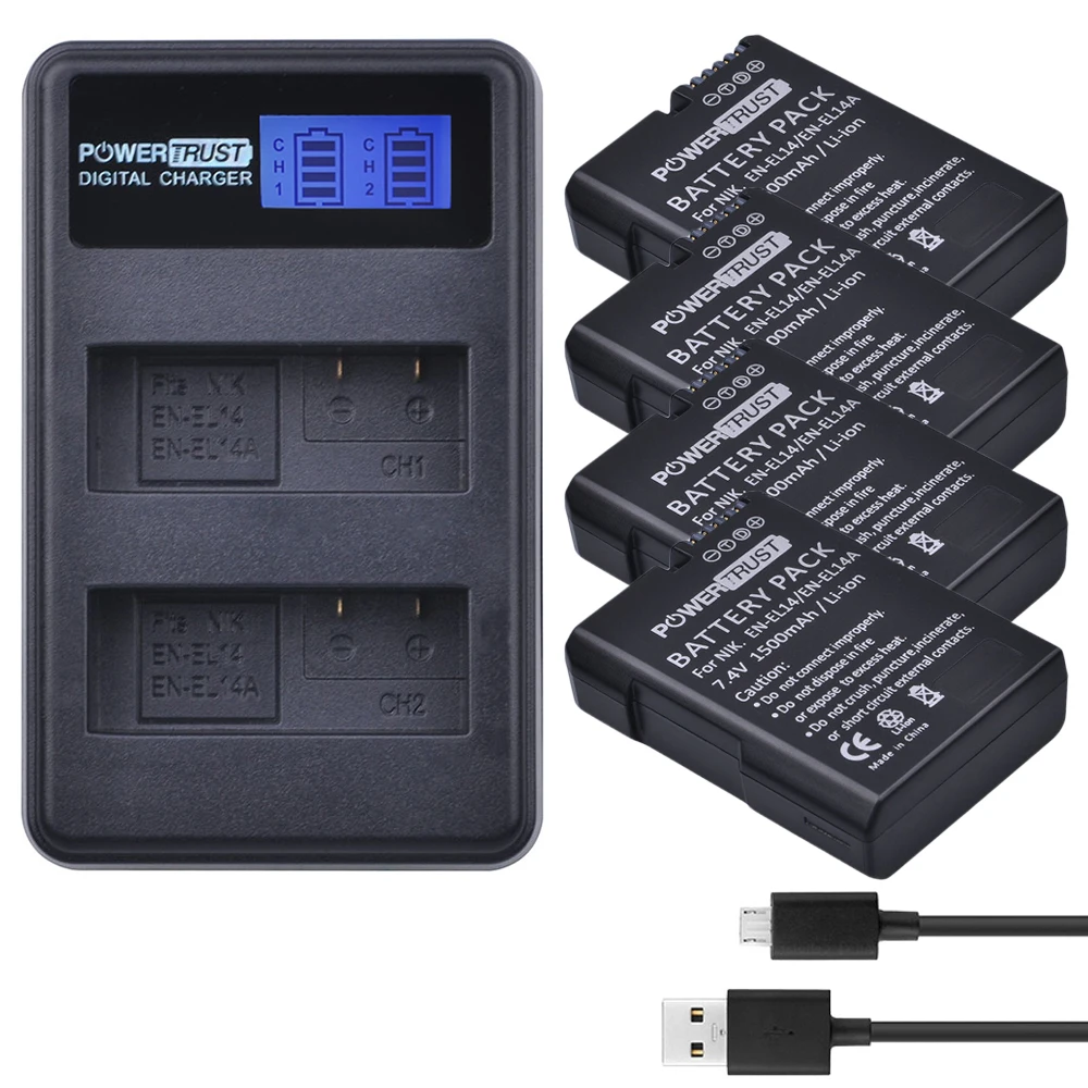 Powertrust 4pcs EN-EL14 EN-EL14A Battery+LCD USB Dual Charger for Nikon D3100 D3200 D3300 D3400 D3500 D5600 D5100 D5200 P7000
Powertrust 4pcs EN-EL14 EN-EL14A Battery+LCD USB Dual Charger for Nikon D3100 D3200 D3300 D3400 D3500 D5600 D5100 D5200 P7000