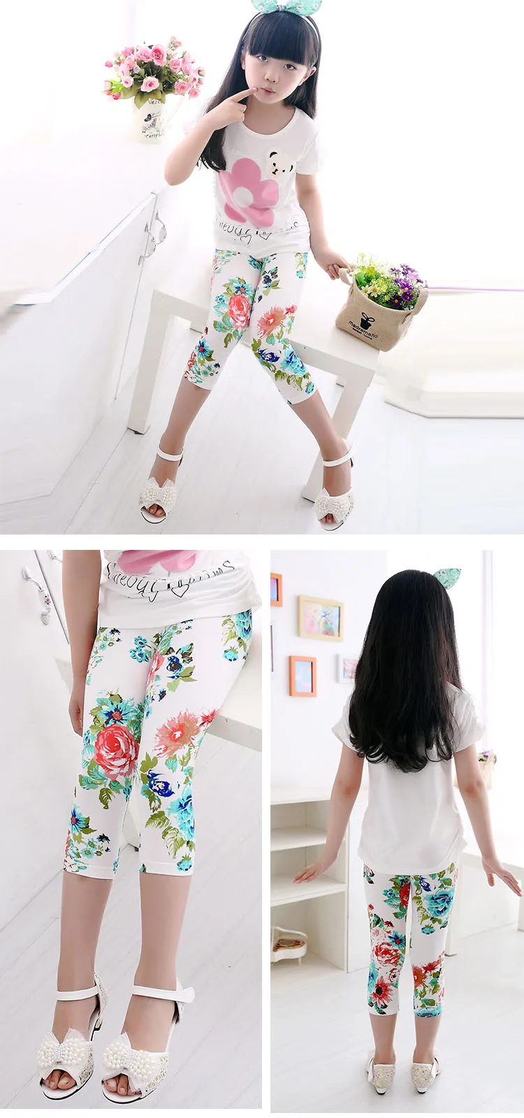 3-10years Girls Cropped Trousers Floral Print Flower Kids Calf Length Skinny Pants Stretch Leggings Children All-matches Bottoms