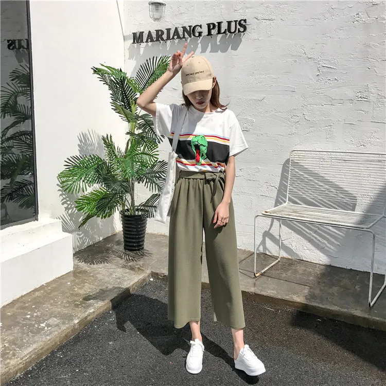 Plus Size - Casual Elastic Waist Loose Wide Leg Pants Preppy Style Trousers Female Palazzo Pants (Us 18W-20W)