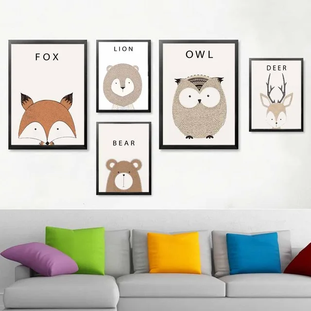 Cute-Cartoon-Animal-Fox-Lion-Bear-Canvas-Painting-Art-Print-Poster-Nursery-Wall-Picture-For-Kids.jpg_640x640