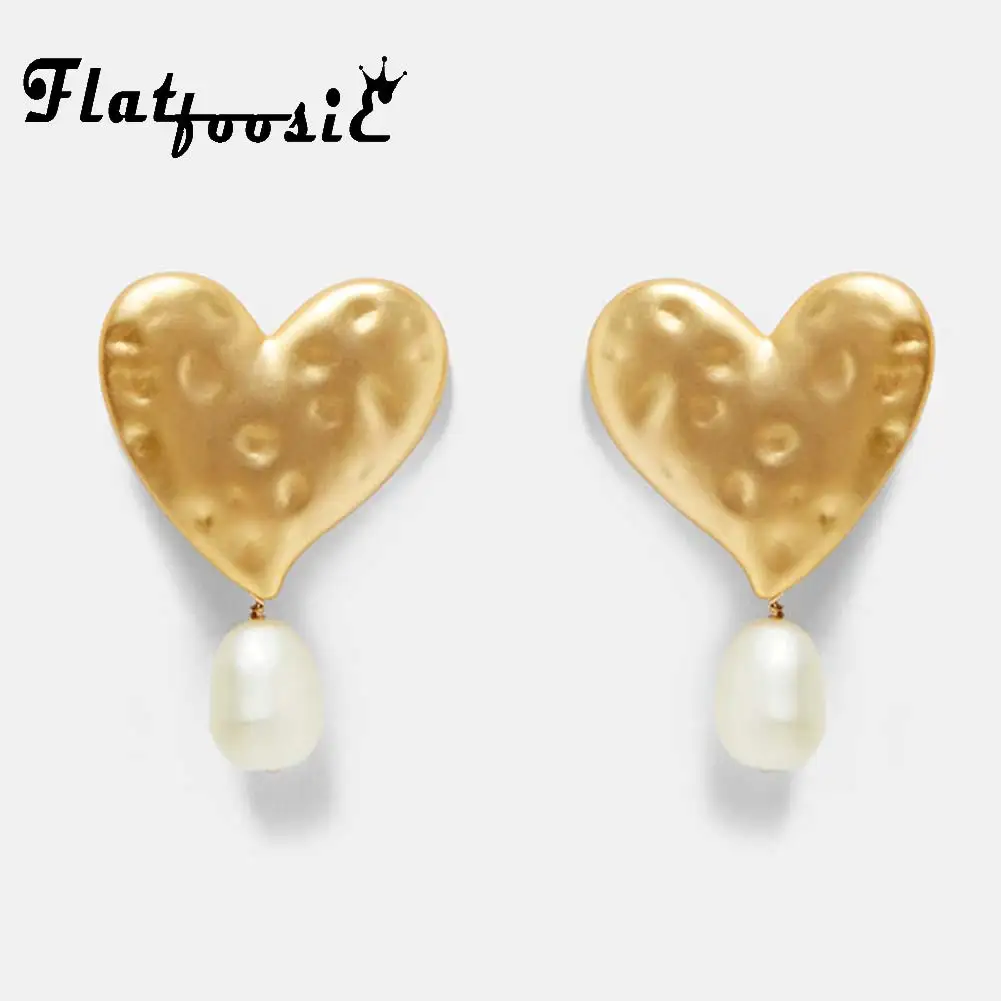 

Flatfoosie Vintage Heart Drop Earrings For Women Fashion ZA New Gold Color Trendy Imitation Pearls Dangle Earring Female Jewelry