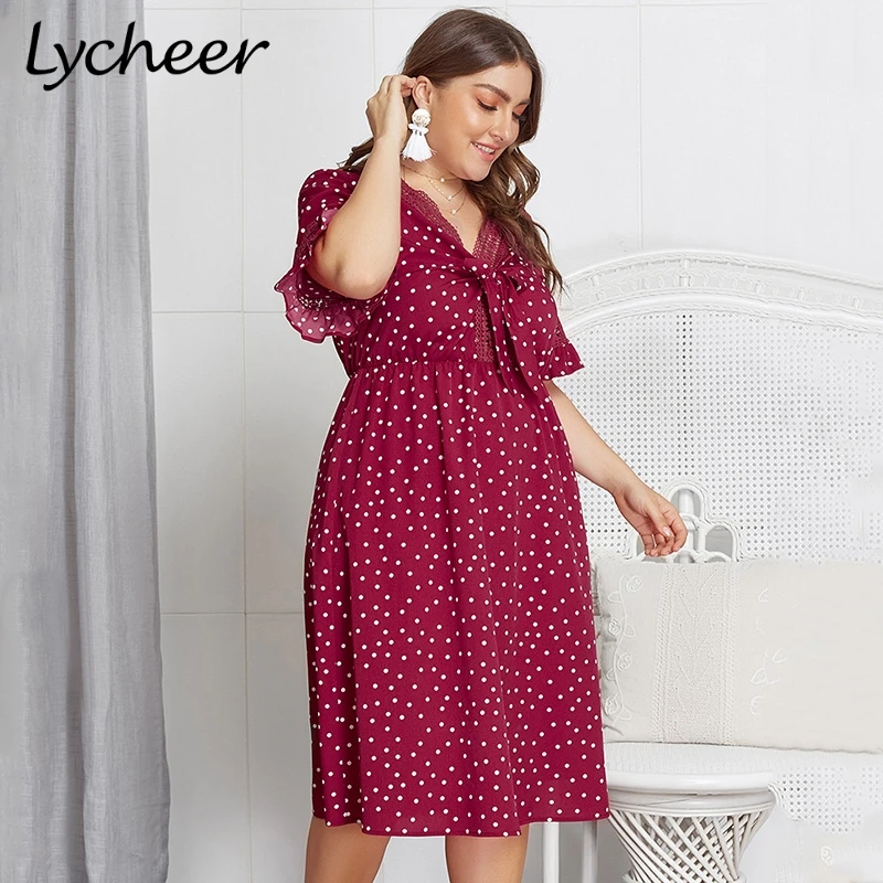Lycheer Plus size polka dot print women dress Elegant bow tie boho female midi dress Ruffled short sleeve lace high waist dress
Lycheer Plus size polka dot print women dress Elegant bow tie boho female midi dress Ruffled short sleeve lace high waist dress