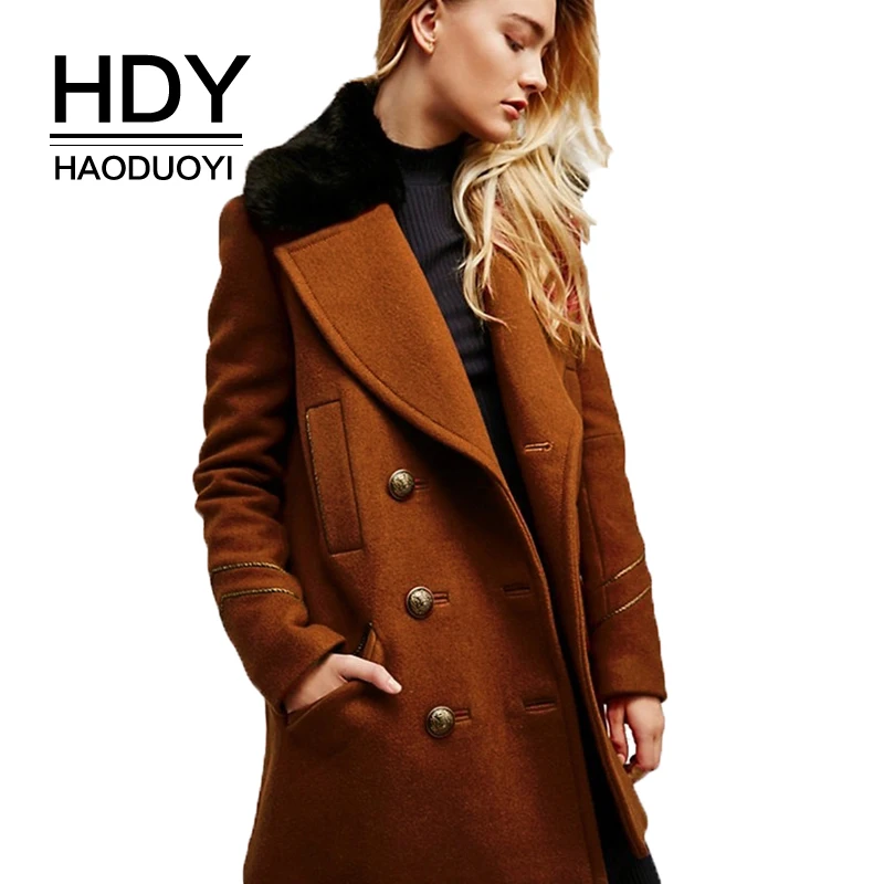 

HDY HaoDuoYi Fashion Women Woolen Coat Long Sleeve Burgundy Double Breasted Jacket Streetwear Elegant Autumn Winter Faux Fur