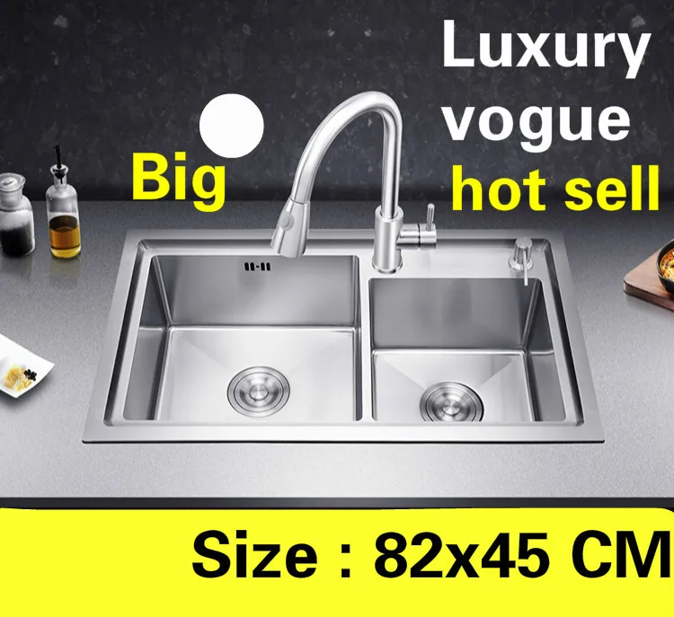 

Free shipping Apartment big kitchen manual sink double groove do the dishes 304 stainless steel high quality hot sell 82x45 CM