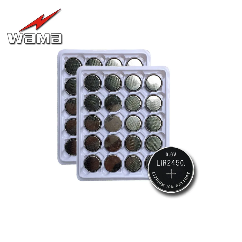 50pcs/lot Wama 3.6V LIR2450 Rechargeable 500 Times Li-ion 120mAh Coin Cell Button Batteries Replace CR2450 LM2450 5029LC
50pcs/lot Wama 3.6V LIR2450 Rechargeable 500 Times Li-ion 120mAh Coin Cell Button Batteries Replace CR2450 LM2450 5029LC