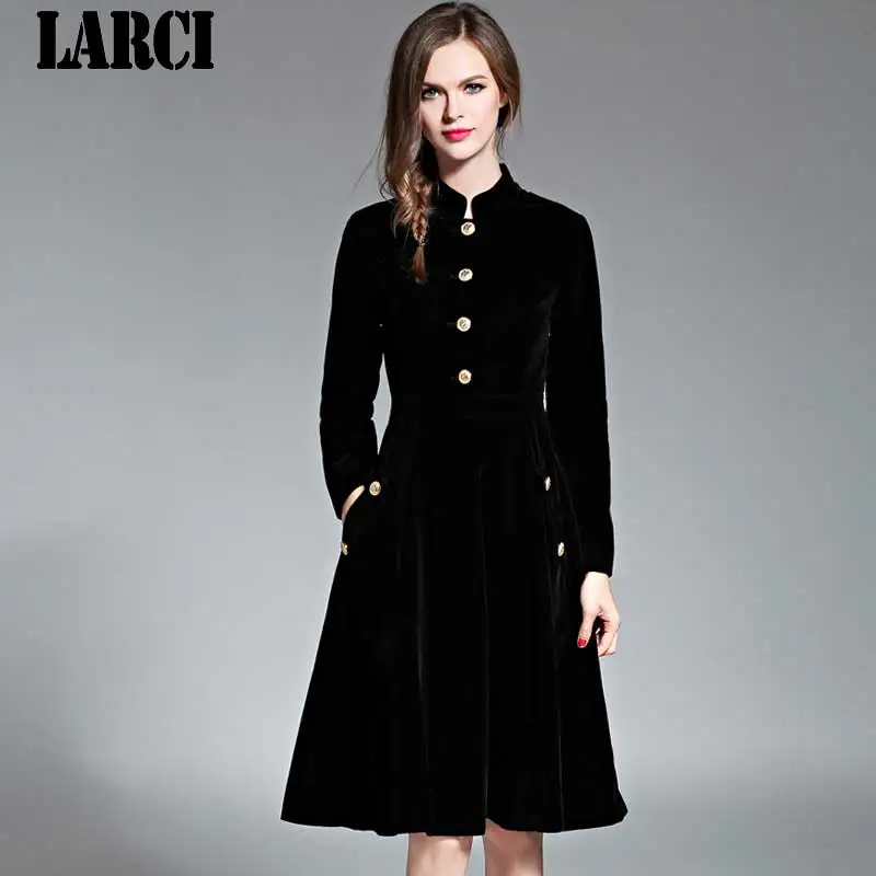 LARCI платье черное бархатное зимнее в винтажном стиле с длинными рукавами дамы