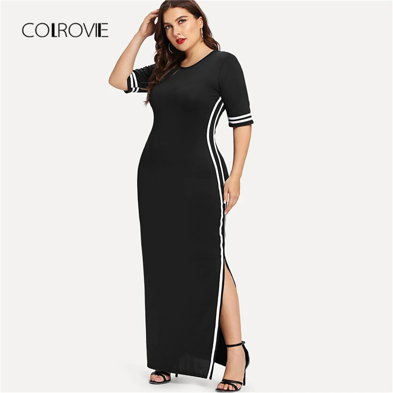 

COLROVIE Plus Size Black Striped Tape Detail Knitted Split Maxi Dress 2018 Autumn Burgundy Solid Stretchy Long Dress Women Dress