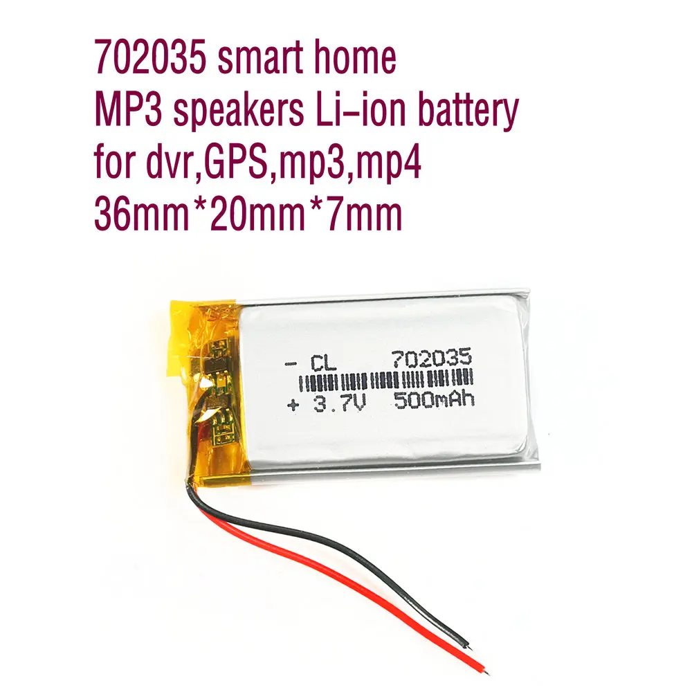 3.7V 500mAh 702035 MP3 speakers Li-ion battery for dvr,GPS,mp3,mp4,cell phone texet DVR-2GP bluetooth headset video
3.7V 500mAh 702035 MP3 speakers Li-ion battery for dvr,GPS,mp3,mp4,cell phone texet DVR-2GP bluetooth headset video