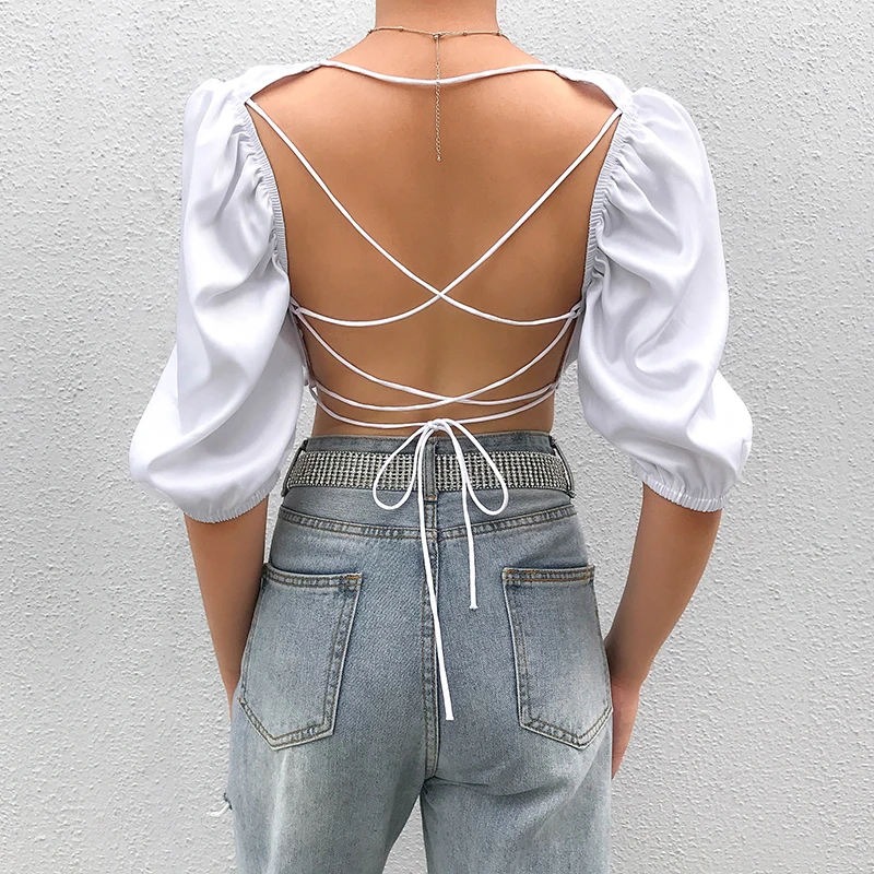 Korean Sexy Backless White Crop Top Elegant T shirt Women Short Sleeve Bandage Tshirts Femme Streetwear Tee Shirt Summer | Женская