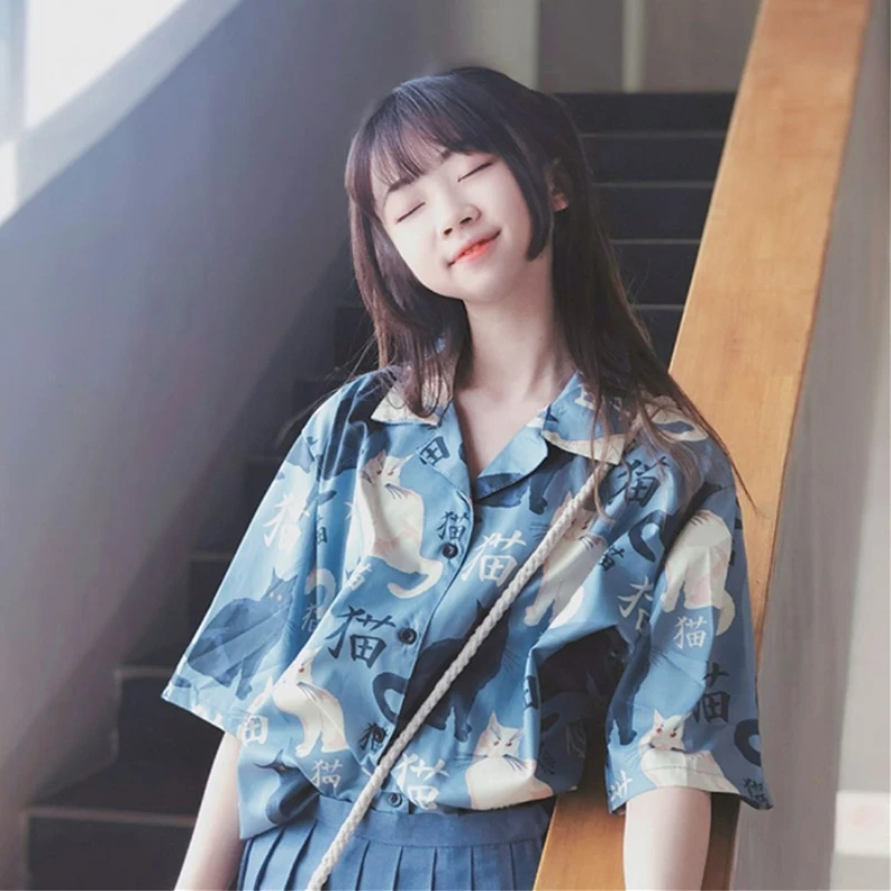 2019 New Ins Harajuku Summer Women Button Student Shirt Female Japanese Style Loose Blouse Cute Cat Print Short Sleeve Shirt
2019 New Ins Harajuku Summer Women Button Student Shirt Female Japanese Style Loose Blouse Cute Cat Print Short Sleeve Shirt