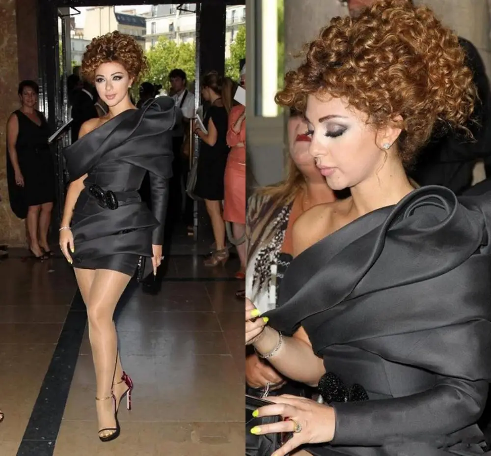 New Fashion Myriam Fares Celebrity Dresses With One Shoulder Ruched Short Sexy Custom Made Modest Black Cocktail Gowns | Свадьбы и
