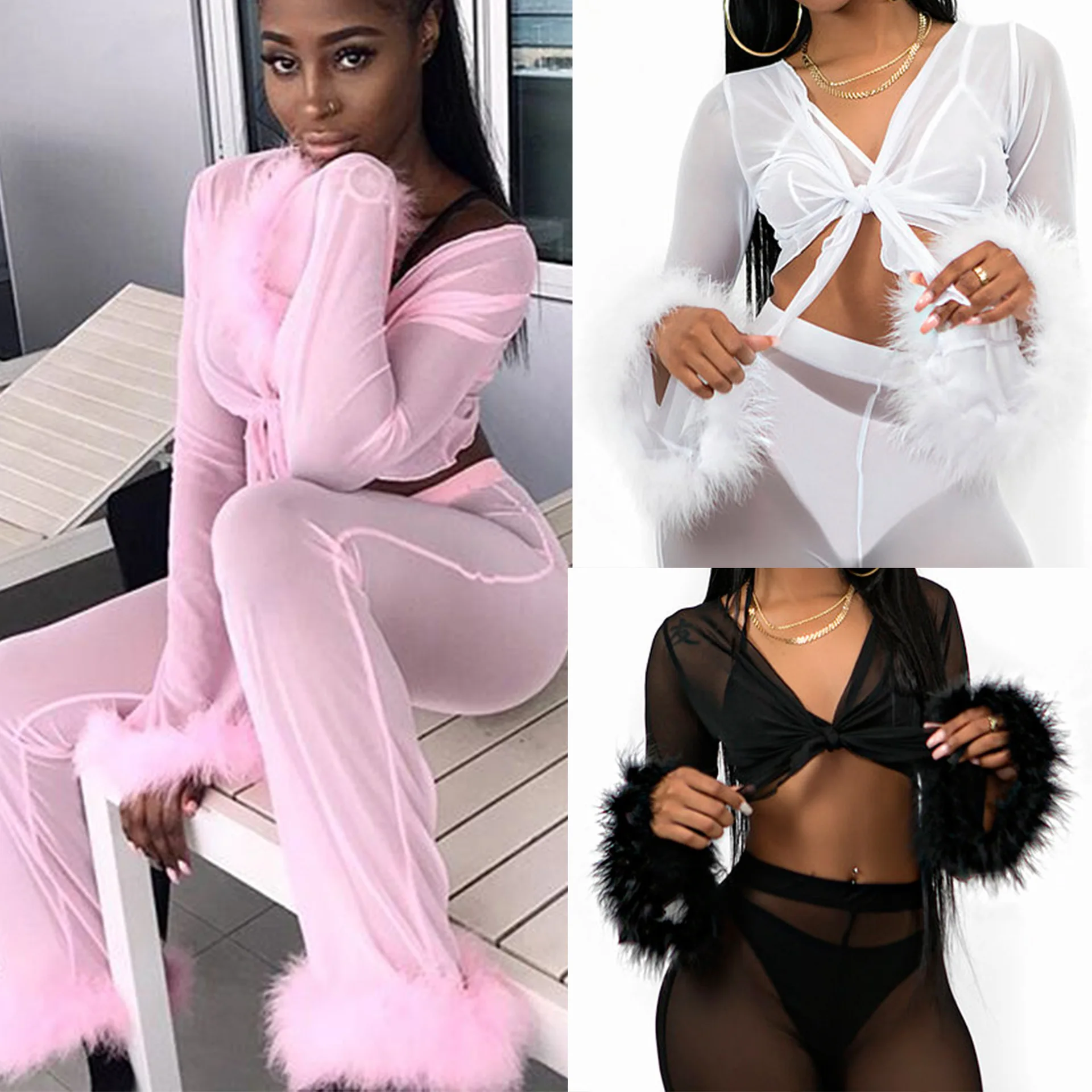 BKLD Lady Suit Pure Color Villi Sleeve Perspective Mesh Lace-up Long Sleeve Short Top and High Waist Trousers Two-Piece Set
BKLD Lady Suit Pure Color Villi Sleeve Perspective Mesh Lace-up Long Sleeve Short Top and High Waist Trousers Two-Piece Set