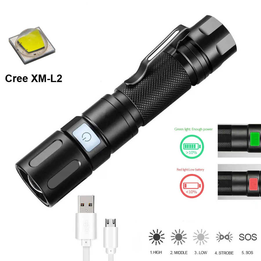 LED flashlight Torch Micro USB rechargeable focusing tactical Zoom flashlight L2 LED 1200 Lumens 5 Modes Lanterna for Camping
LED flashlight Torch Micro USB rechargeable focusing tactical Zoom flashlight L2 LED 1200 Lumens 5 Modes Lanterna for Camping
