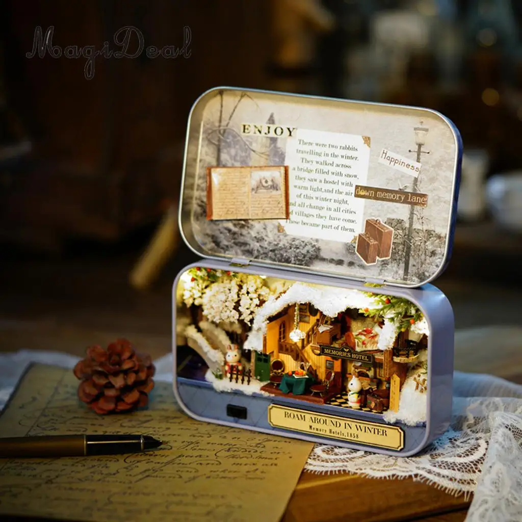 1Set DIY Handicraft Tin Box Wood Miniature Dollhouse Theatre Series for Room Home Desk Decor Novelty Friends Birthday Gift