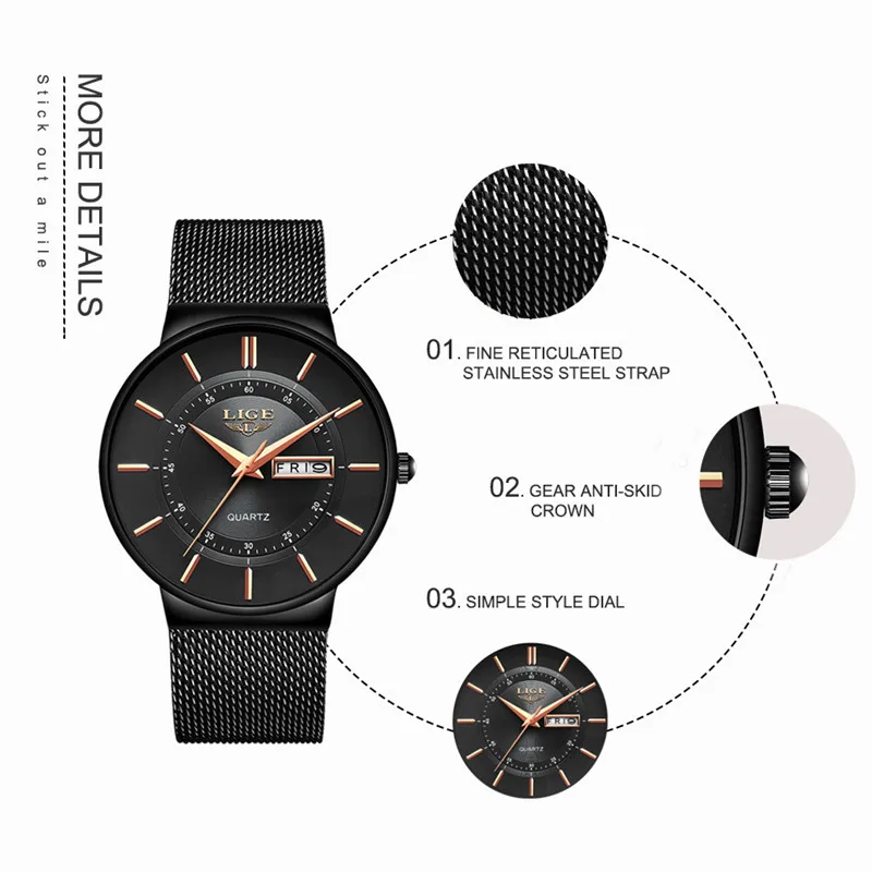 LIGE мужские часы Топ бренд класса люкс водонепроницаемые ультра тонкие Дата Часы